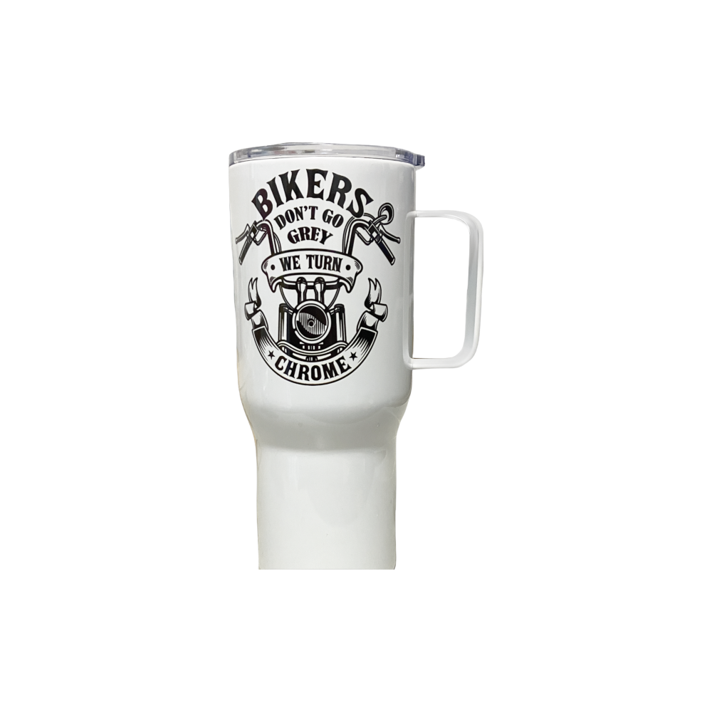 Motorbike 25oz Travel Mug - Bikers don't go grey we turn chrome